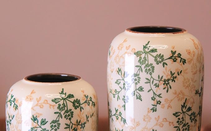 11.5" Hand-Painted Ceramic Large Vase – Green Botanicals & Yellow Florals, Crackle Glaze & Antique Patina Rim, Chinese-Inspired Artistry