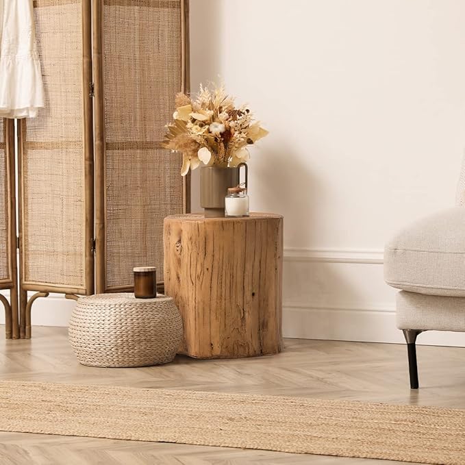 SUNBURY Outdoor Stump Side Table, Faux Wooden Concrete Side Table, Tree Stump Wooden Stool, Patio End Table, Round Outdoor Accent Drum Table, Light Brown Ottoman or Plant Stand