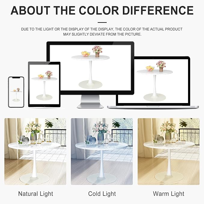 DKLGG White Marble Round Dining Table, 31.5" Tulip Kitchen Dining Table 2-4 People with MDF Top & Pedestal Base, Mid-Century End Table Leisure Coffee Office Living Room Table