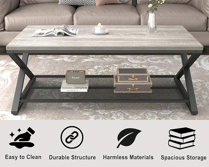 LVB Gray Coffee Table, Farmhouse Wood Metal Center Table with Storage for Living Room, Industrial Wooden 2 Tier Rectangle Cocktail Tea Table with Mesh Shelf for Office Bedroom, 47 inch, Light Grey Oak