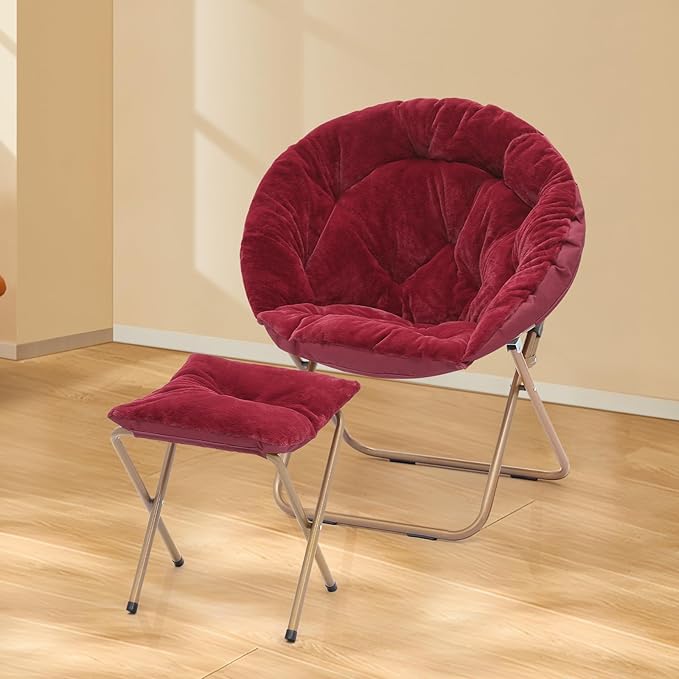 Athena Collection Saucer Chair with Ottoman - Modern Red Faux Fur Foldable Accent Chair - Comfortable for Bedroom, Living Room, Gaming, Reading - 300 lbs Weight Capacity
