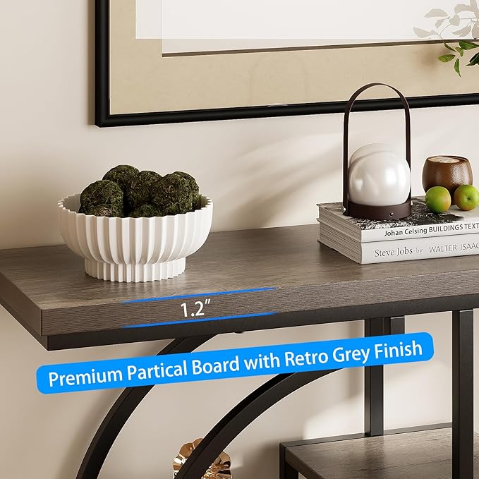 GiftGo Narrow Console Table for Entryway Industrial 4-Tier Sofa Table Behind Couch with Circle Base Rustic Wooden Accent Tables with Storage Shelves for Living Room, Hallway, Foyer (Grey)