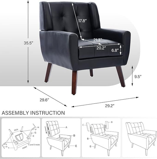 Pia Ricco 2 Pack Mid Century Modern Accent Chairs, Button Tufted Faux Leather Armchairs - Easy-Clean Matching Set for Living Room, Durable Sofa Chairs for Home Office & Lounge, Black