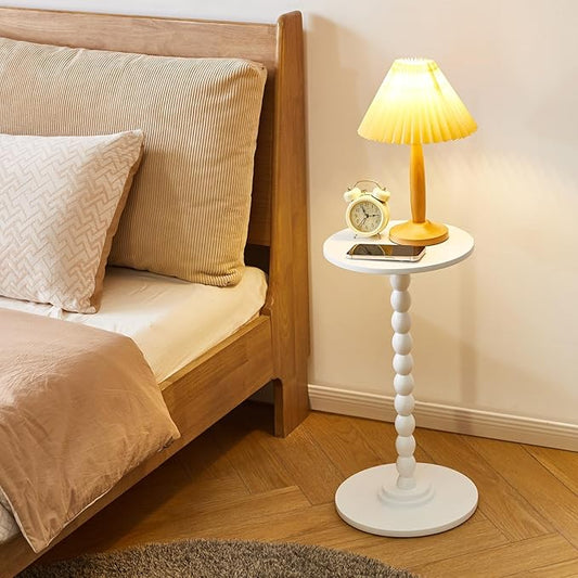 Side Table, Wood Round Drink Table, Small End Table, Weighted Base Pedestal Table for Living Room, Bedroom, Modern White YD-RST001W