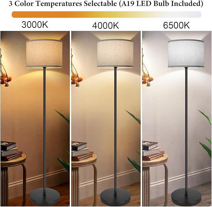65’’ Tall Floor Lamp for Bedroom, Living Room Pole Floor Light with Grey Shade, Dimmable Standing Floor Lamp with 3-Color Changing LED Bulbs, Simple Design E26 Stand-up Lamp with Foot Switch