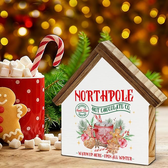 Christmas Hot Cocoa Bar Decor, North Pole Hot Chocolate Co House Shaped Wood Block Sign Xmas Holiday Decorations for Home Kitchen