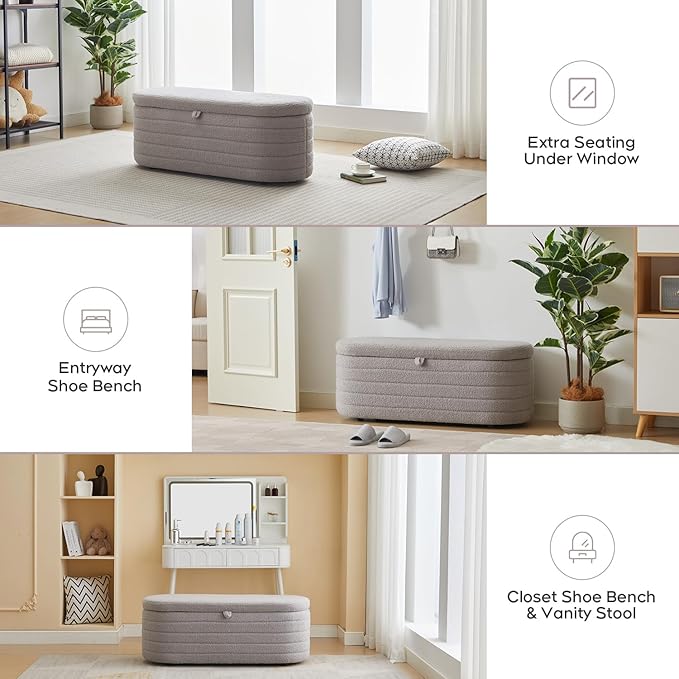 Storage Ottoman Bench End of Bed for Bedroom,45 inch Boucle Upholstered Entryway Shoe Seat Bench w/ Storage,Sherpa Modern Cute Padded Blanket Chest Stool Foot Rest for Living Room,Window Seating, Grey