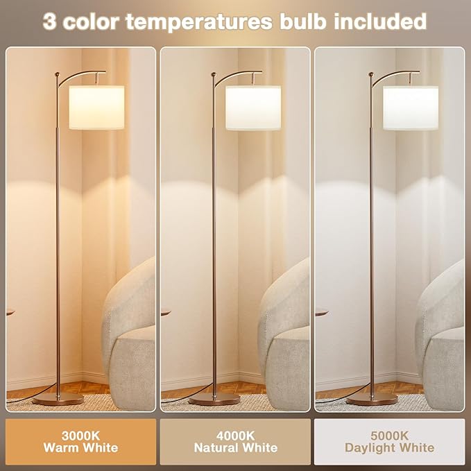 60" Floor Lamps for Living Room with 3 Color Temperatures, Adjustable White Shade with Brown Pole, Tall Lamps for Living Room Bedroom Office Classroom Dorm Room, 9W Bulb Included