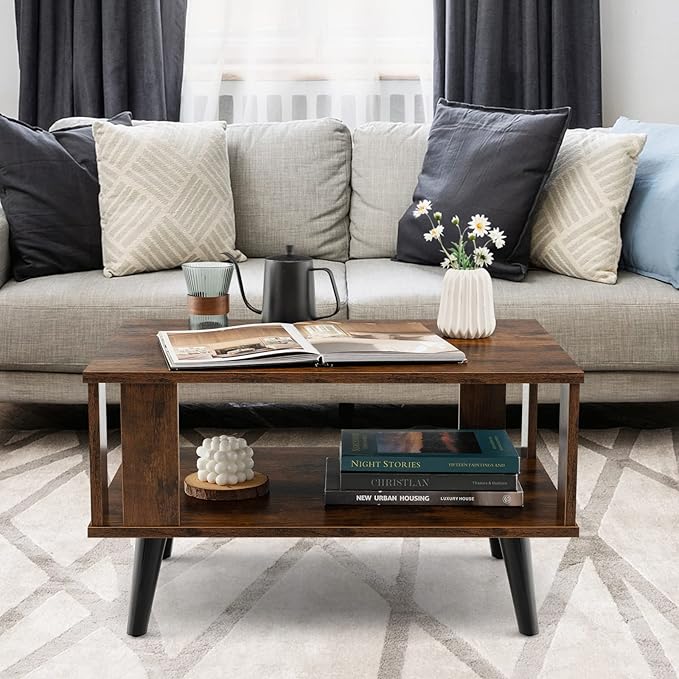 Tangkula Small Coffee Table for Small Space, 2-Tier Wooden Center Table with Open Storage Shelf, Side Baffle, Easy Assembly, Industrial Side Table for Living Room Bedroom (Rustic Brown)