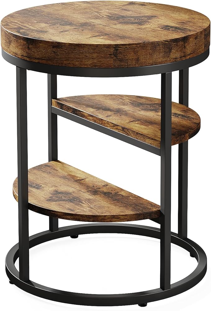 Tribesigns Round End Table Set of 2, 3-Tier Side Table with Storage, Rustic Industrial Nightstand for Small Spaces, Wood Metal Accent Table for Living Room, Bedroom, Sofa, Bedside, Rustic Brown