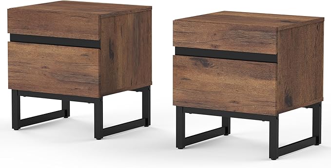 WAMPAT 2 Pack Modern End Table with 2 Drawers, Farmhouse Sofa Table with Black Square Iron Leg, Wood Rustic Side End Table for Living Room, Nighstand for Bedroom, Brown