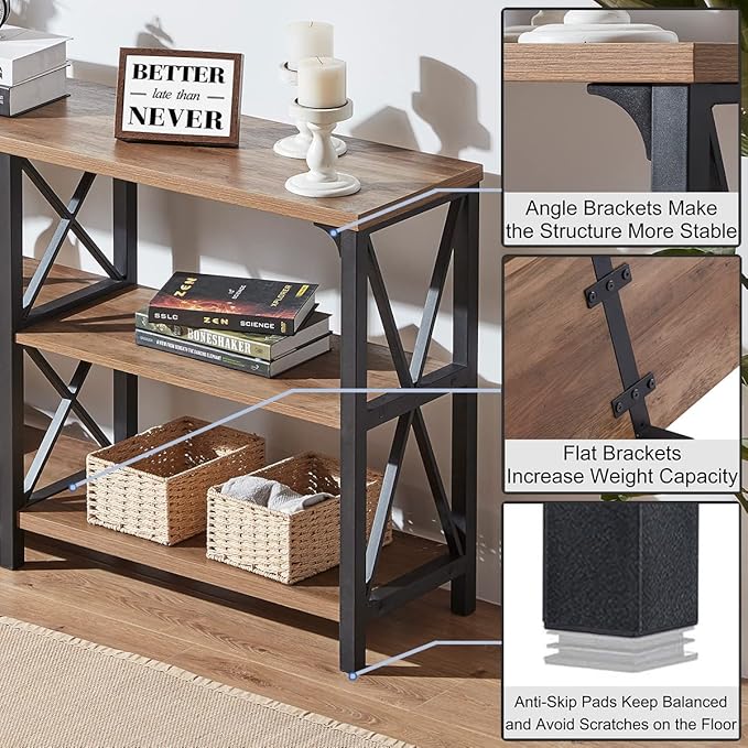 IBF Rustic Console Table, Industrial Wood and Metal Sofa Table, Hallway Entry Table for Home Living Room, Long Horizontal Bookshelf Entryway Table with Retro Vintage Storage Shelf, Rustic Oak, 47 Inch