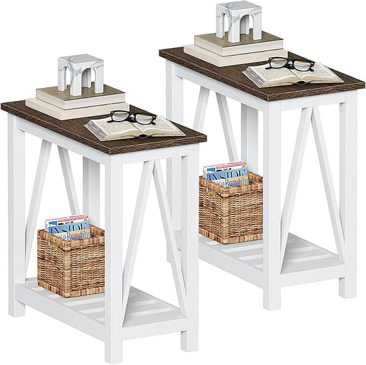 ChooChoo Farmhouse End Table Set of 2, Rustic Vintage Narrow End Side Table with Storage Shelf for Small Spaces, Nightstand Sofa Table for Living Room, Bedroom White