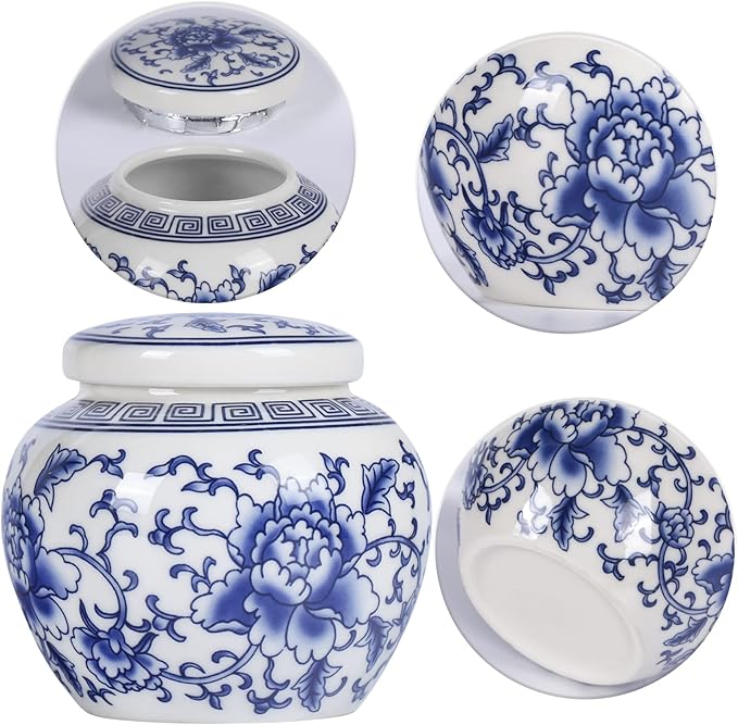 XINGYAN Chinese Traditional Blue and White Porcelain Ceramic Small Ginger Jar with Lid,for Tea Storage,Home Decorative,Home Decor Jar,Bud vase (Model-2)