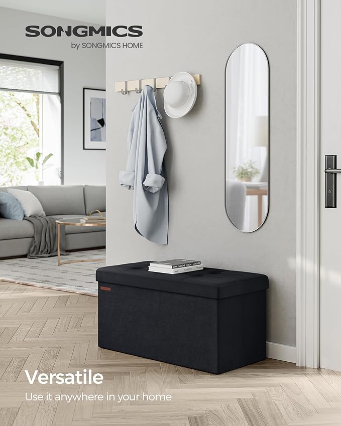 SONGMICS Mazie Collection - Storage Ottoman Bench, Foldable Foot Rest, 15 x 30 x 15 Inches, End of Bed Bench, Storage Chest, Load 660 lb, Living Room, Bedroom, Entryway, Ink Black ULSF247B01