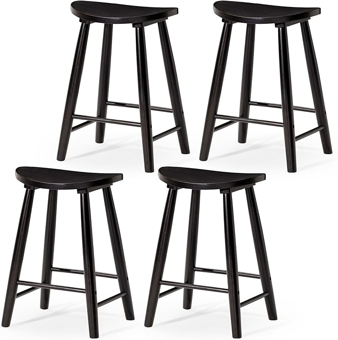 Maven Lane Luna Counter Stool Set of 4 – 26 Inch Round Stools with Footrest – Black Solid Wood – Space-Saving Design for Kitchen Counters & Islands, Ideal for Apartments, Dorms & Compact Living