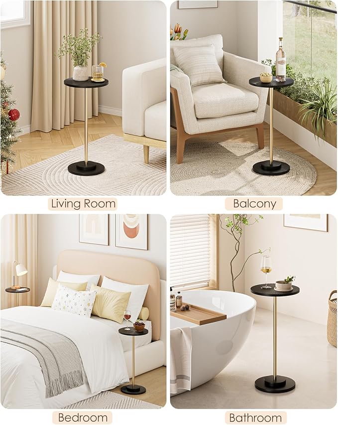 Round Side Table, Small Drink Table for Small Spaces, Modern Accent End Table with Metal Leg for Living Room, Bedroom, Corners, and Office (Black Gold)