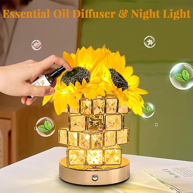 Sunflower Crystal Table Lamp, Touch Dimming Night Light, USB Rechargeable Bedside Lamp LED Artificial Flowers Lamp, Desk Lamp Aesthetic for Bedroom Home Decor