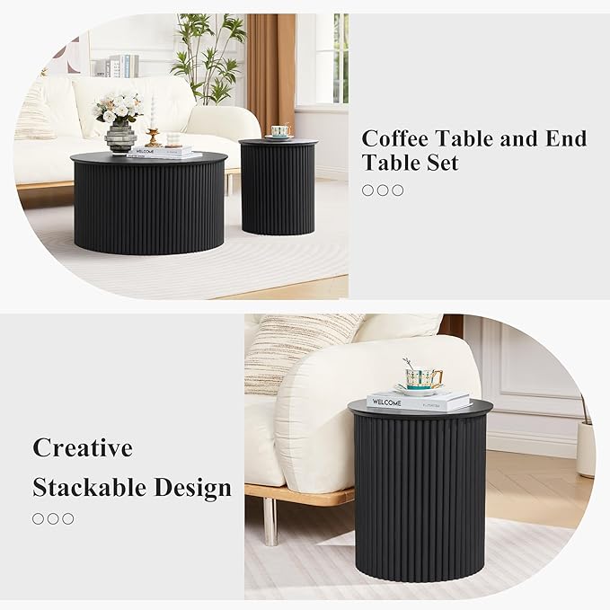 Fluted Round Nesting Coffee Table Set of 2, Mid Century Modern Wood Coffee Tables and End Table Set, Circle Side Table Minimalist Center Tables for Living Room, Office(Black)
