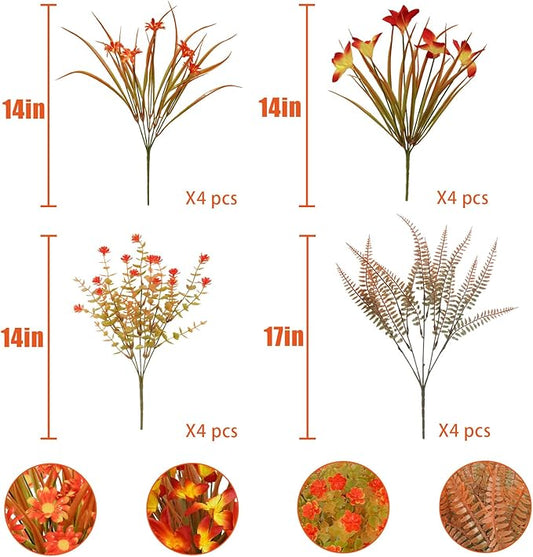 16Pcs Artificial Fall Flowers Outdoor Fake Fall Plants UV Resistant Autumn Greenery Plastic Flowers Shrubs for Outside Porch Patio Garden Boxwood Thanksgiving Decor