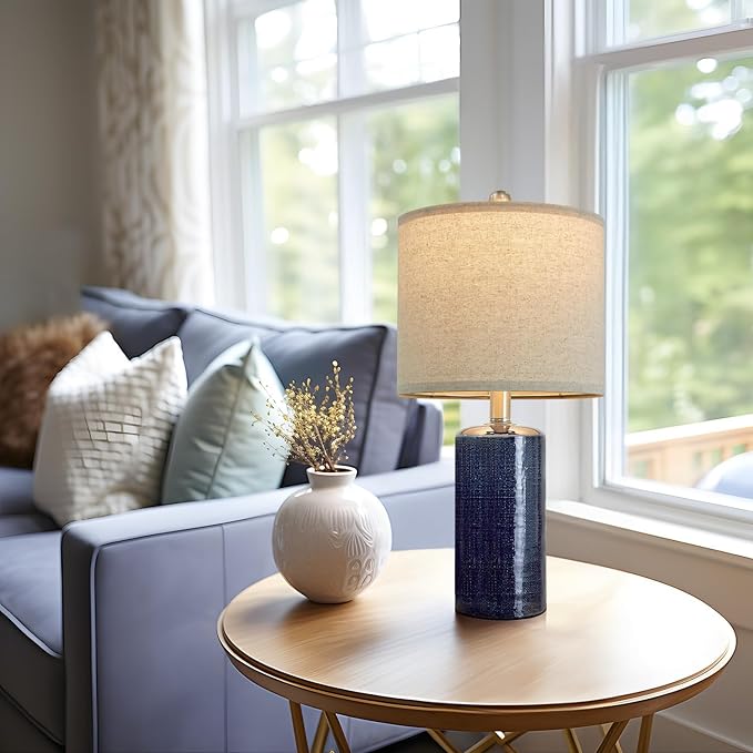 20.25/inch Modern Ceramic Table lamp Set of 2 Small Farmhouse Bedside lamp Dark Blue Nightstand Lamp End Table Lamps for Living Room Bedroom Study Office AMZ-T1109BL0