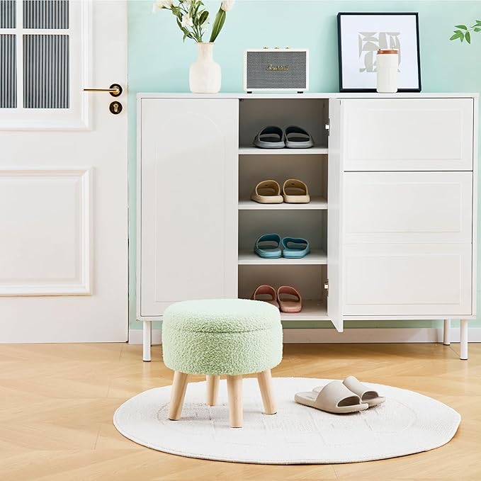 Mxfurhawa Versatile Storage Ottoman, Round Footstool with Soft Padded Seat, Small End Table with 4 Wood Legs, Teddy Velvet Foot Rest for Couch,Shoe Changing Stool for Living Room (Light Green)