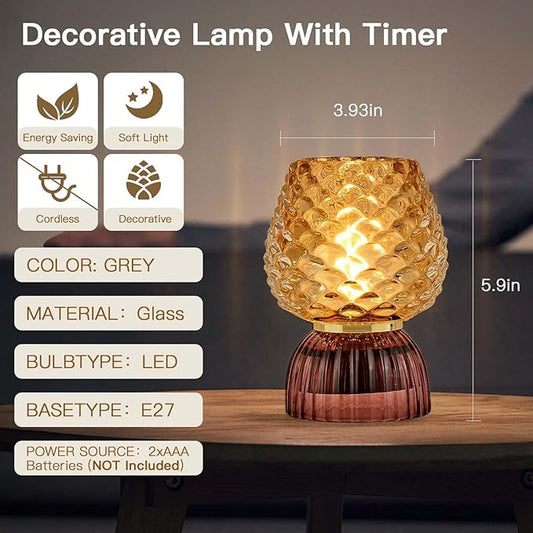 Battery Operated Lamp with Timer, Cute Small Cordless Glass Table Lamp for Home Decor, Kitchen, Bathroom, Birthday Gift for Women, Pinecone, Amber