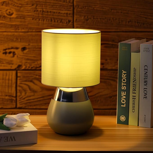 Small Modern Touch Eye Protection Bedside Table Lamp, 7 x 7 x 12 Inch Light Green Metal Base Table Lamp for Bedrooms and Office (Light Green Fabric Lampshade)
