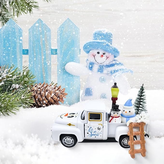 Let It Snow Winter Snowflake Decorations Farmhouse Metal Truck with Mini Snowman Xmas Tree Figurines Christmas Table Decorations Indoor Holiday Winter Tiered Tray Decor for Home Kitchen Party Favor