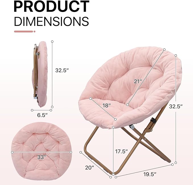 Athena Collection Comfy Saucer Chair Folding Cozy Chair for Bed Room Living Room Accent Chair Faux Fur Reading Chair Foldable Metal Frame Lazy Chair Moon Chair for Adult, Pink