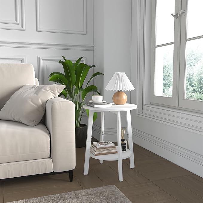 Side Table, Small Round End Table with Storage Shelf for Small Space, 2-Tier Bedside Table Sofa Couch Table, Round Accent Table Nighstands for Living Room, Bedroom,White