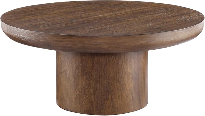 36" Round Coffee Table with Cylindrical Leg,Farmhouse Accent Side Table, Sturdy MDF Construction,Mid-Century Modern Wood Veneer Center Table for Living Room, Apartment,Office (Dark Brown)