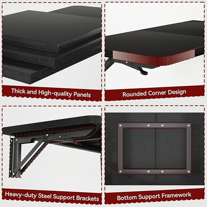 IBUYKE Wall Mounted Folding Table, Floating Wall Desk for Small Spaces, Fold Down Laundry Shelf with Heavy-Duty Brackets, Wall Table for Home Office/Bar/Kitchen/Dining Black UTVT005B