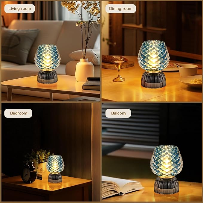 Battery Operated Lamp with Timer, Cute Small Cordless Glass Table Lamp for Home Decor, Kitchen, Bathroom, Birthday Gift for Women, Pinecone, Blue