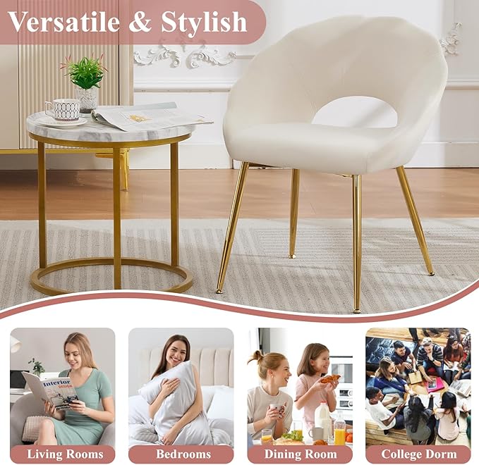 Modern Small Accent Chair Set of 2, Comfy Velvet Vanity Chair with Shell Back & Golden Metal Legs, Decorative Chair no Wheels for Living Room, Makeup Room, Bedroom, Beige