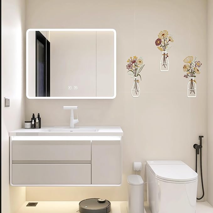 Iron Metal Vase Flower Wall Art Set of 3 - Minimalist Black Floral Decor for Living Room Bedroom Kitchen, Office Garden - Modern Farmhouse Home Decor & Housewarming Gifts (Yellow-Brown)