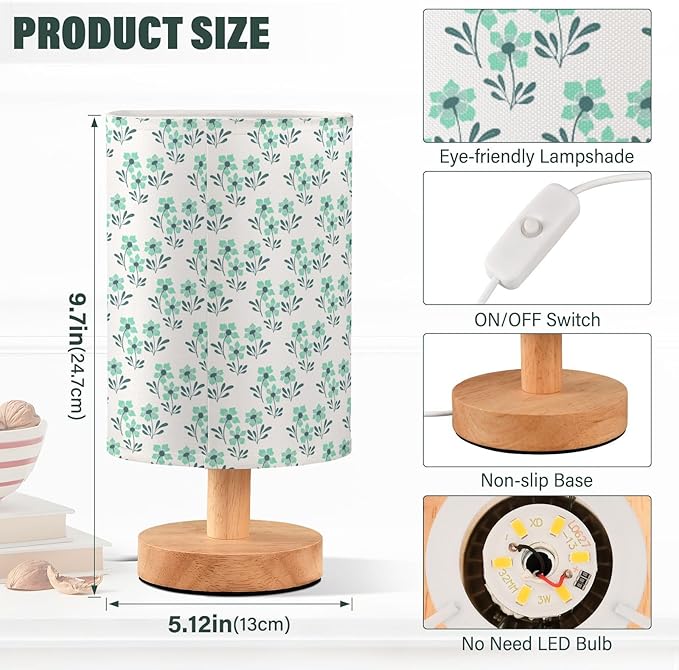 Small Table Lamp for Bedroom Bedside Nightstand with Wire Switch Desk Lamps Linen Fabric Shade Flower Print(Green)