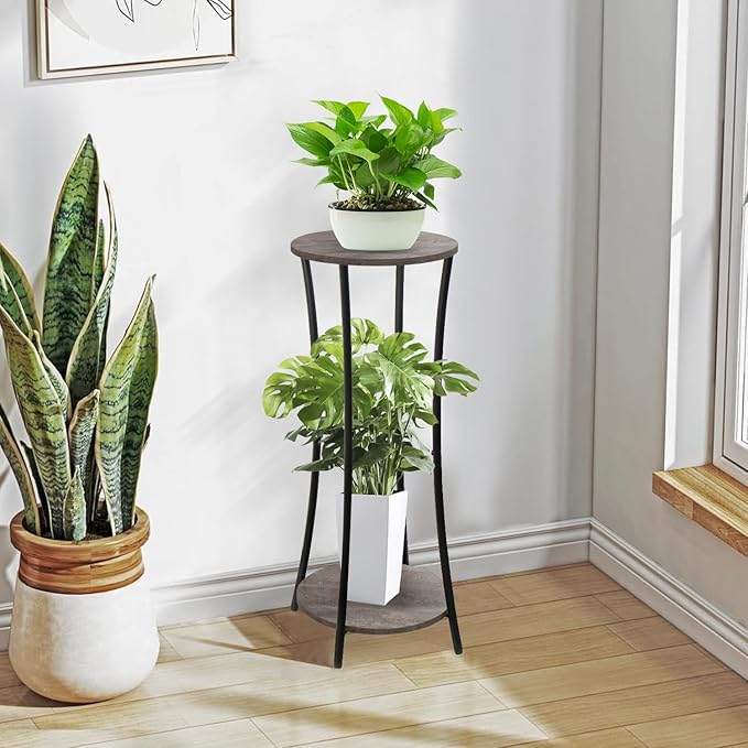 YINMIT Plant Stand Indoor,2 Tier Round Potted Holder Rack,Flower Pot Stand Shelf,Round Supports Rack,Corner Plant Shelf for Balcony Garden Patio Living Room,Grey