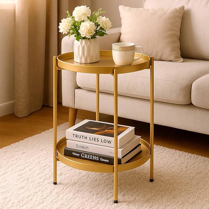 HollyHOME 2-Tier Round Gold Side Table, Outdoor Small Folding Accent Stand with Removable Tray, Anti-Rust Metal Asional Table for Balcony Patio Living Room, Nightstand for Bedroom(Gold)