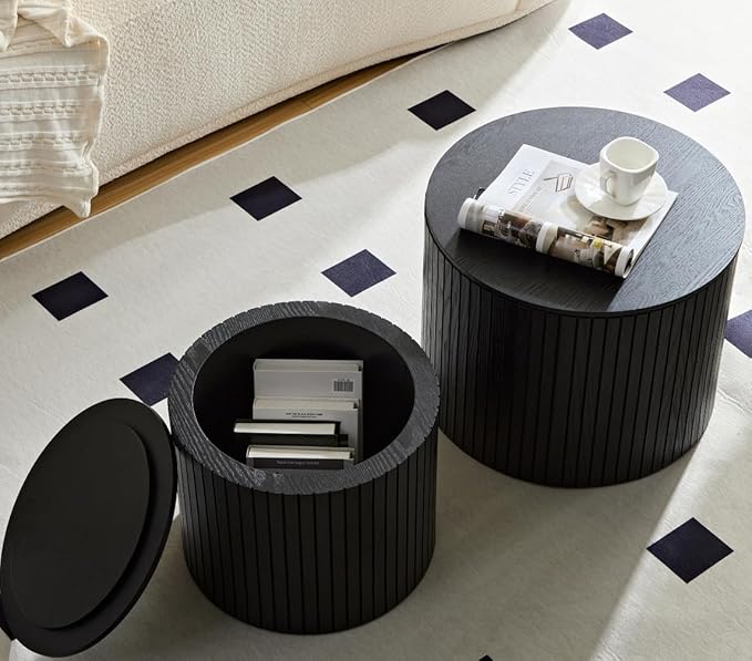 Round Coffee Table Set of 2 for Living Room, Wood Small Nesting Tables with Storage, Circle Side Table, Modern Accent End Table with Moveable Lid for Bedroom,Black