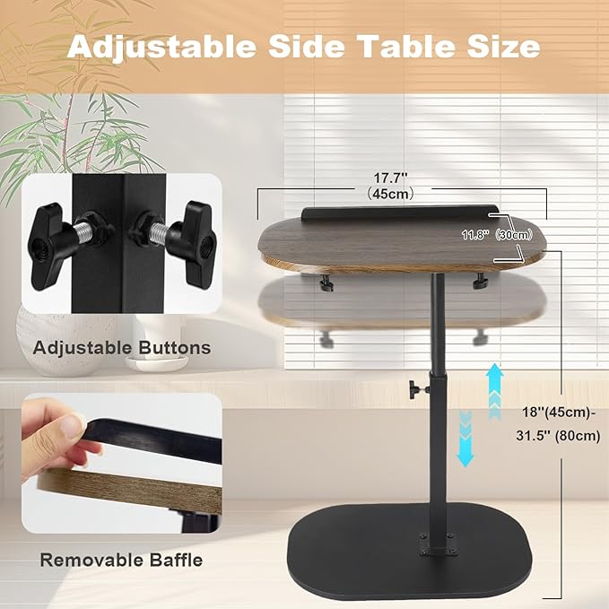 Side Table TV Tray for Couch,90° Tiltable TV Tray Table Height Adjustable 360° Swivel C Shaped End Table for Small Spaces,Bedside Bathroom Living Room(Walnut Color) (Tiltable Walnut)