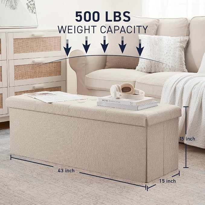 Ornavo Home 43 Inch Folding Storage Ottoman, Long Large Storage Ottoman Chest, Foot Rest Stool, Bedroom Bench - (Beige)