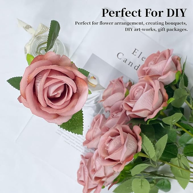 10 PCS Artificial Roses with Long Stems Silk Flowers Realistic Foam Flowers Fake Roses for Valentine's Day Home Wedding Halloween Decor(Dim Pink)