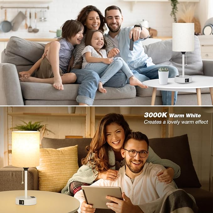 Small Bedside Lamp for Bedroom Nightstand - 3000K 4000K 5000K Bedside Lamps with USB C and A Ports, Pull Chain Table Lamps with AC Outlet, Nightstand Lamps with White Metal Base for Kids Reading