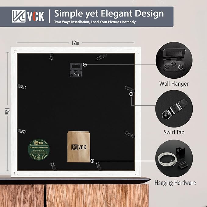VCK 12x12 Picture Frame Set of 2 - White, Textured Modern Square Wooden Frames with HD Glass, Display Photo 8x8 with Mat or 12x12 Without Mat, Wall Hanging