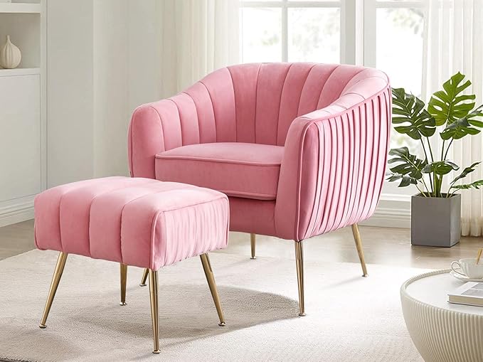Velvet Accent Chair with Ottoman, Arm Pub Chair for Living Room/Bedroom/Nail Salon, Blush Pink, Golden Finished, Suitable for Small Spaces