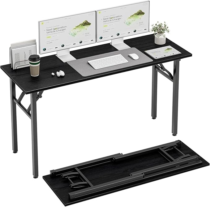 TEMI Long Computer Desk Folding Table - 55.1" Foldable Office Desk, No Assembly, Perfect Writing Table for Bedroom or Apartment, Portable Large Desk or Study Table with Compact Design, Dark Oak