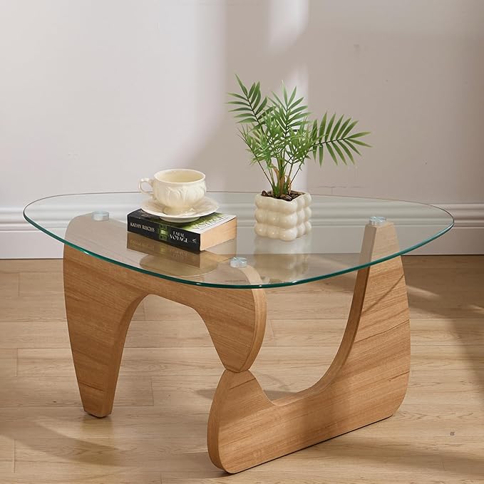 DUOMAY Modern Triangle Glass Coffee Table, 16 Inch High Glass Top Abstract Small End Table with Solid Natural Wood Base, Tea Table Suitable for Living Room, Office, Patio, Apartment, Brown Wood