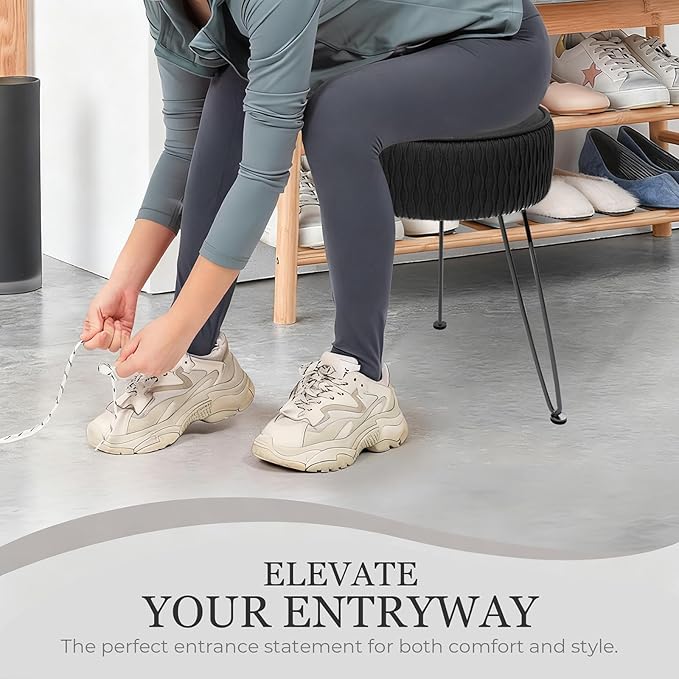 Velvet Vanity Stool Footrests, Round Ottoman Vanity Chairs with Anti-Slip Feet, Dressing Table Seat Foot Stool with Black Legs, Furry Padded Seat Side Table for Makeup Bedroom, Black