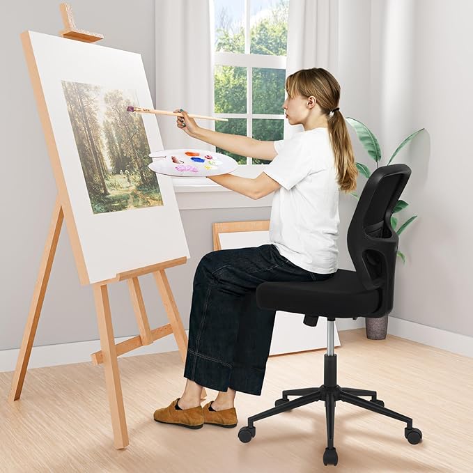 Armless Desk Chair - Height Adjustable, Ergonomic High Back Task Swivel With Wheels, Rolling Office Stool for Small Spaces, Home, Bedroom, Study - Black